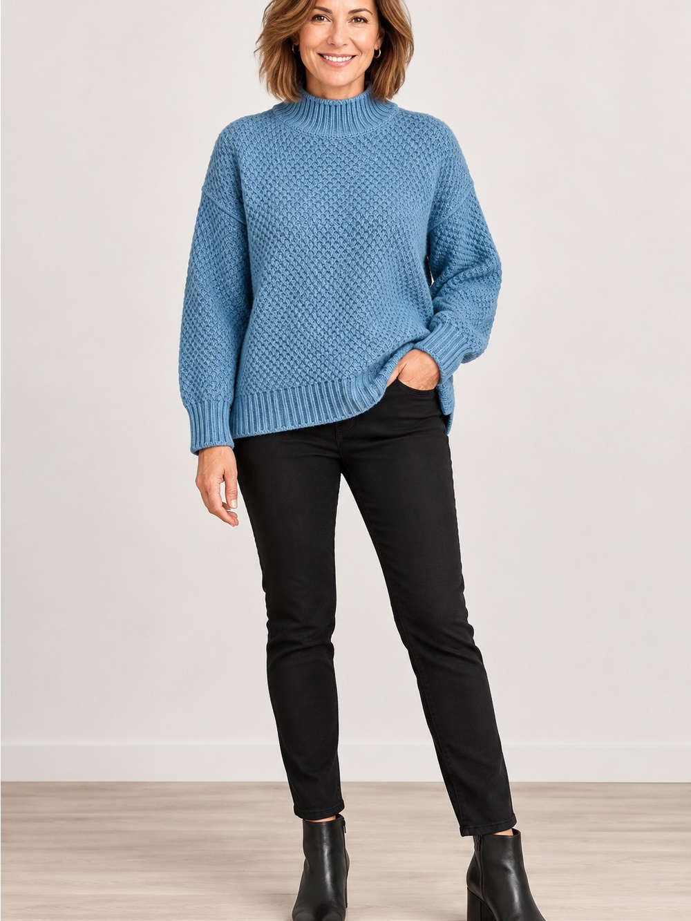 Textured Chunky Knit Sweater Mock Neck Relaxed M Fashion Blue